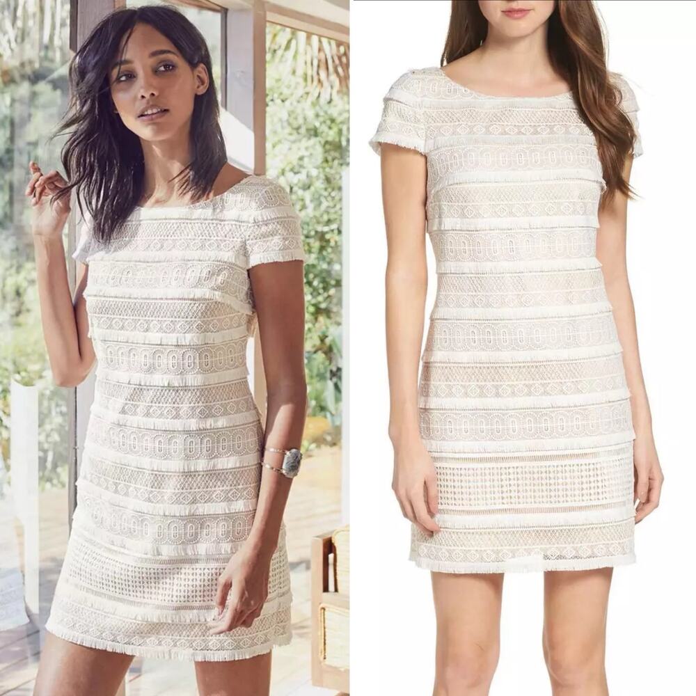 Eliza J Womens Dress Size 12 White Lace Overlay Fringe Cap Sleeve Shift Mini
